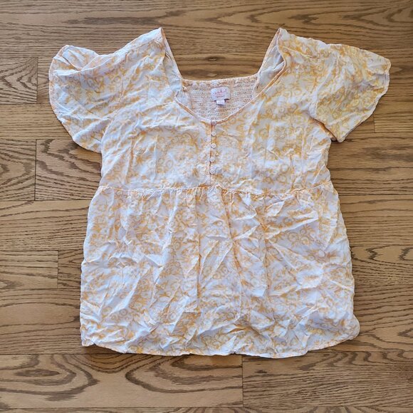 Isabel Maternity Yellow Floral Ruffle Sleeve Top Button XL EUC - Picture 2 of 3